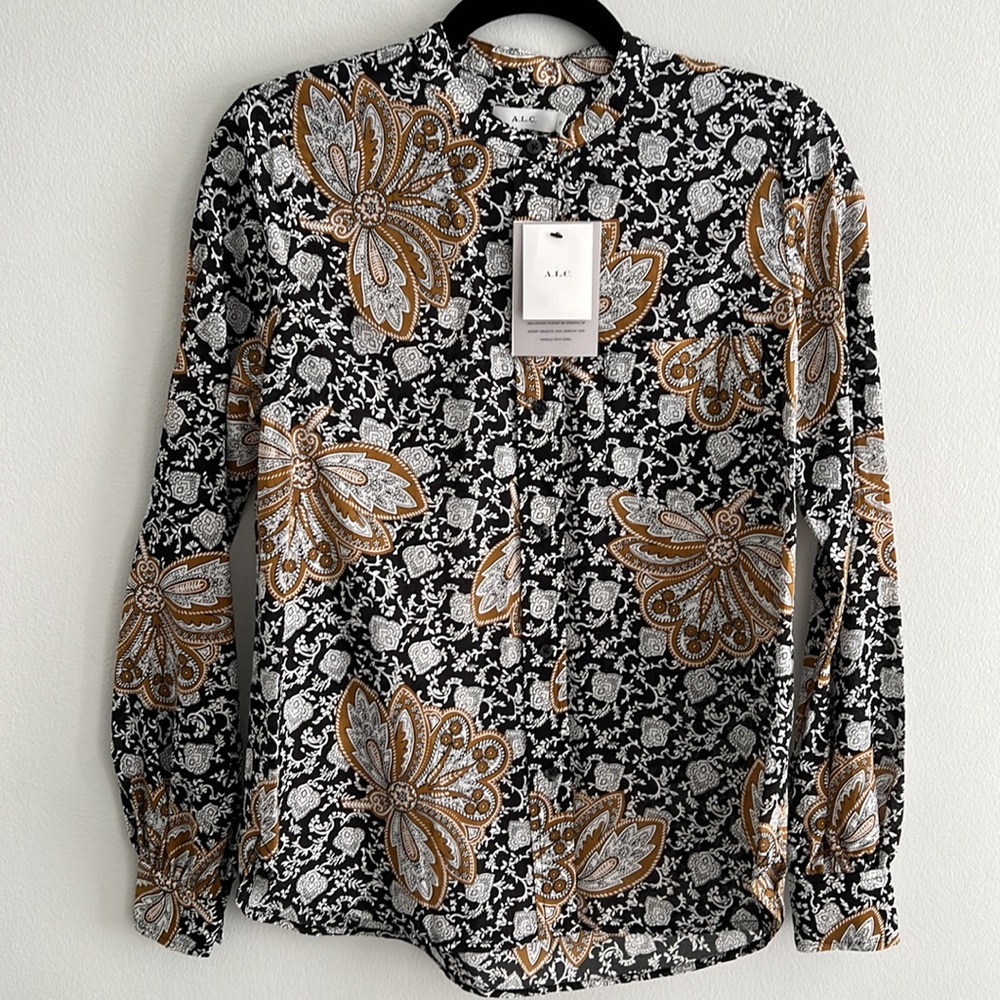 A.L.C bold navy khaki print button down top